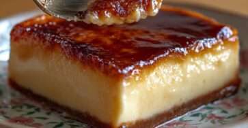 Flan pâtissier fondant nappé de caramel ambré, texture lisse et crémeuse, démoulé sur un plat avec surface dorée uniforme