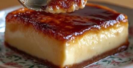 Flan pâtissier fondant nappé de caramel ambré, texture lisse et crémeuse, démoulé sur un plat avec surface dorée uniforme