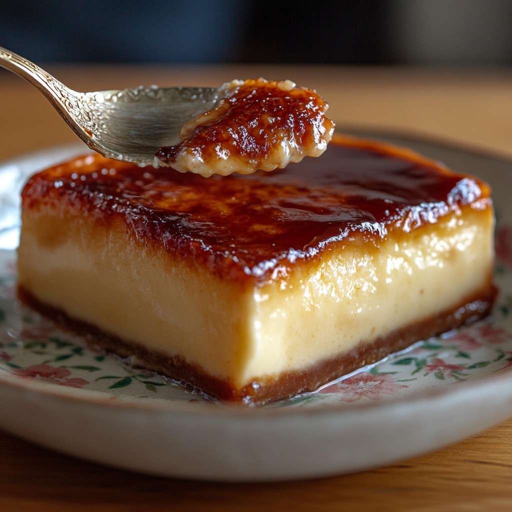 Flan pâtissier fondant nappé de caramel ambré, texture lisse et crémeuse, démoulé sur un plat avec surface dorée uniforme