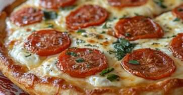 Tarte feuilletée croustillante garnie de tomates fraîches et mozzarella fondante, dorée au four avec herbes fraîches et huile d’olive