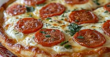 Tarte feuilletée croustillante garnie de tomates fraîches et mozzarella fondante, dorée au four avec herbes fraîches et huile d’olive