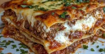 Plat de lasagnes bolognaises maison gratinées au four avec béchamel crémeuse, viande de bœuf mijotée et fromage fondant doré.