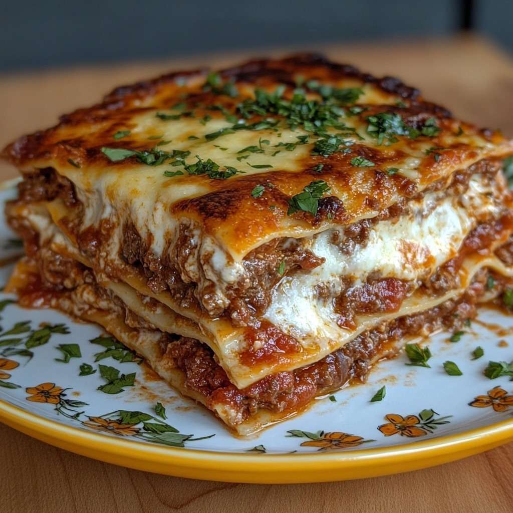 Plat de lasagnes bolognaises maison gratinées au four avec béchamel crémeuse, viande de bœuf mijotée et fromage fondant doré.