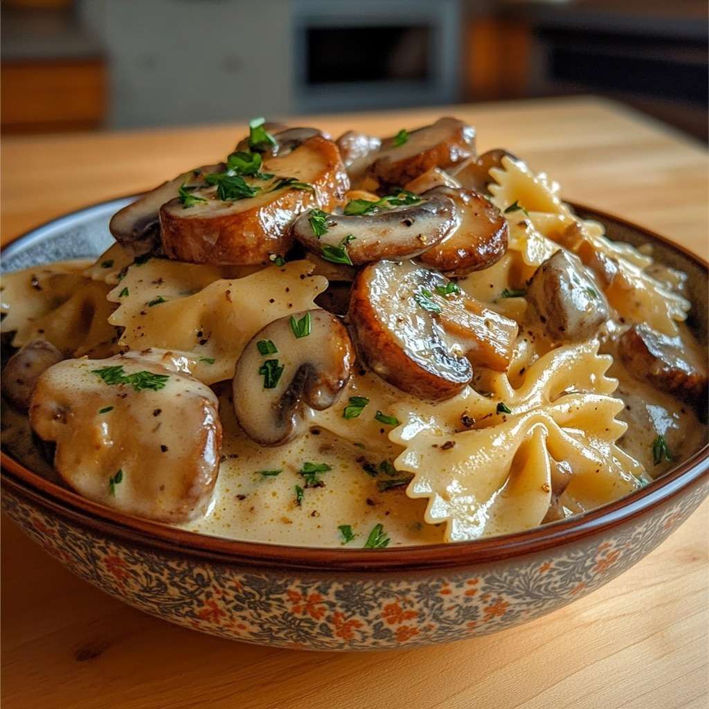 Farfalles crémeuses aux champignons poêlés, nappées de sauce onctueuse à la crème, garnies de persil frais et de parmesan