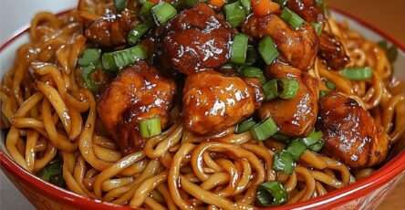 Nouilles sautées au wok avec boulettes de poulet caramélisées, sauce soja brillante, oignons verts et légumes croquants