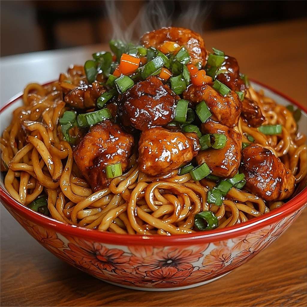 Nouilles sautées au wok avec boulettes de poulet caramélisées, sauce soja brillante, oignons verts et légumes croquants