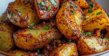 Pommes de terre rôties au four, dorées et croustillantes, enrobées d’épices, d’ail et de persil frais, servies bien chaudes en accompagnement