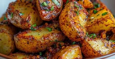 Pommes de terre rôties au four, dorées et croustillantes, enrobées d’épices, d’ail et de persil frais, servies bien chaudes en accompagnement