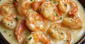 Crevettes dorées nappées d’une sauce crémeuse à l’ail et au citron servies dans une poêle, texture onctueuse et finition au persil frais.