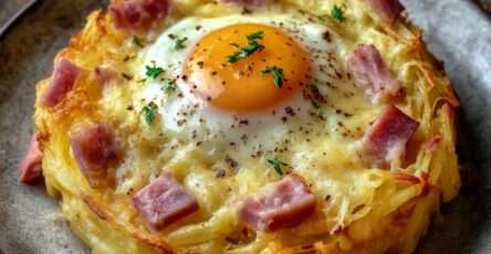Nids de pommes de terre croustillants au four garnis de jambon et d’un œuf au jaune coulant, servis chauds avec persil frais.