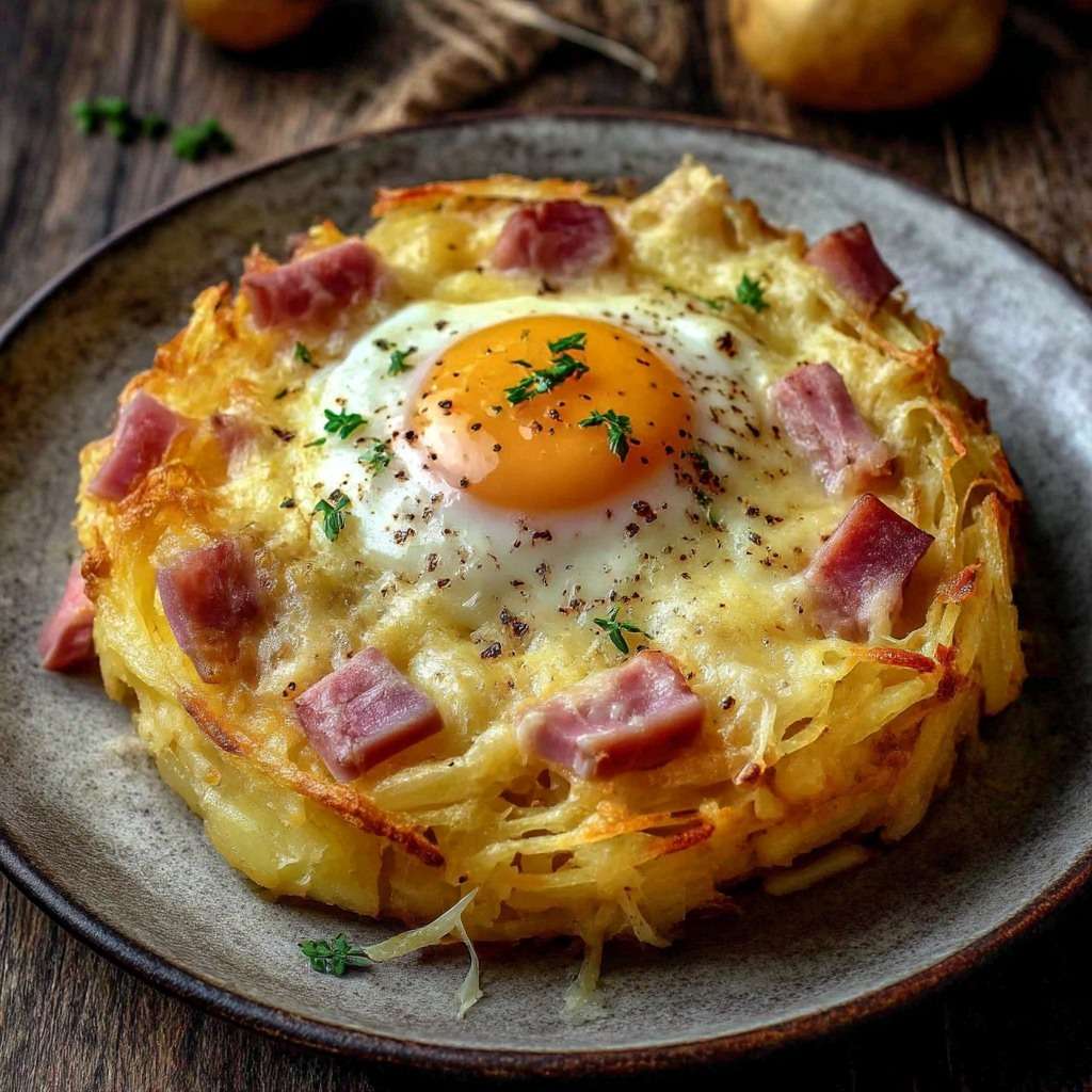 Nids de pommes de terre croustillants au four garnis de jambon et d’un œuf au jaune coulant, servis chauds avec persil frais.