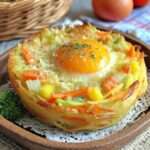 Nid de pommes de terre croustillant au four garni de légumes râpés colorés et d’un œuf au jaune fondant, servi chaud avec herbes fraîches.