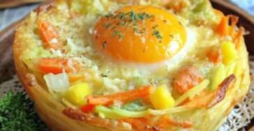 Nid de pommes de terre croustillant au four garni de légumes râpés colorés et d’un œuf au jaune fondant, servi chaud avec herbes fraîches.