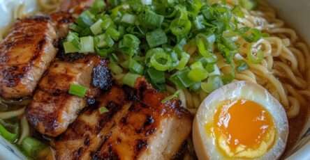 Bol de ramen maison avec nouilles au blé, poulet grillé caramélisé, œuf mollet au jaune coulant et oignons verts sur bouillon chaud.