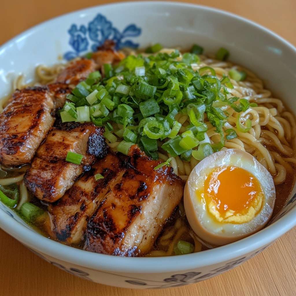 Bol de ramen maison avec nouilles au blé, poulet grillé caramélisé, œuf mollet au jaune coulant et oignons verts sur bouillon chaud.