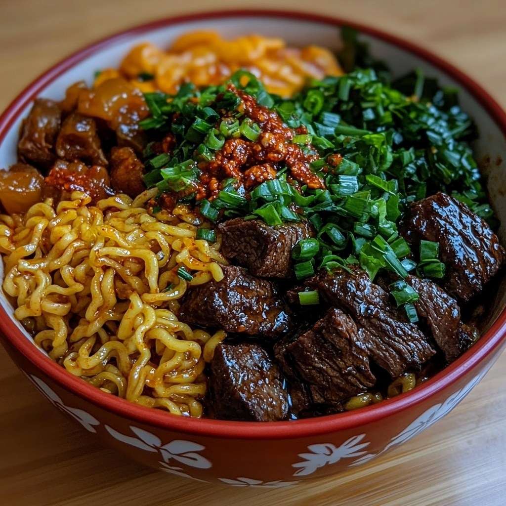 Grand bol de Ramen au bœuf maison avec nouilles au blé, bœuf sauté tendre, légumes verts et bouillon chaud parfumé, garni de ciboulette fraîche.