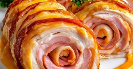 Roulés de poulet garnis de jambon et de fromage fondant, nappés de sauce crémeuse et servis chauds dans une assiette.