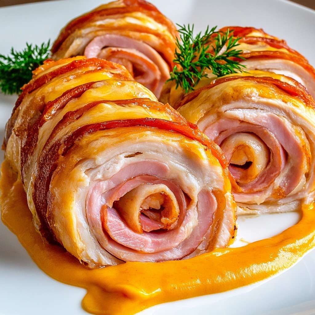 Roulés de poulet garnis de jambon et de fromage fondant, nappés de sauce crémeuse et servis chauds dans une assiette.
