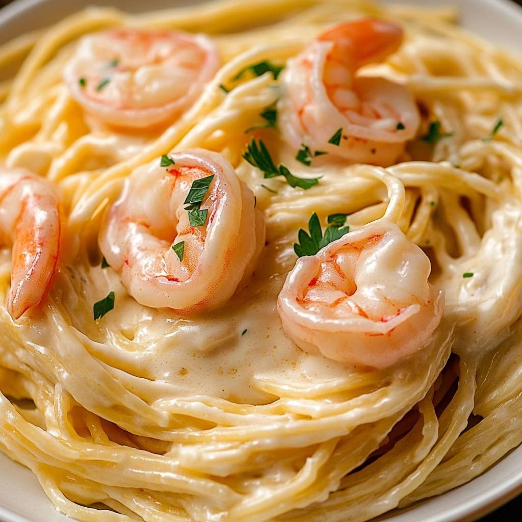 Spaghetti crémeux nappés de sauce crémeuse au parmesan avec des crevettes dorées et du persil frais, servis chauds dans une assiette.