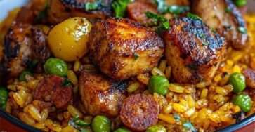 Paella au poulet et chorizo avec riz doré au safran, petits pois et quartiers de citron, servie dans une grande poêle.