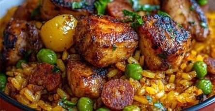 Paella au poulet et chorizo avec riz doré au safran, petits pois et quartiers de citron, servie dans une grande poêle.