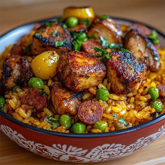 Paella au poulet et chorizo avec riz doré au safran, petits pois et quartiers de citron, servie dans une grande poêle.