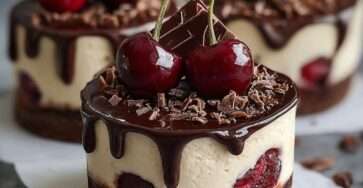 Mini cheesecake au chocolat noir avec cerises intégrées, base biscuit cacao et nappage brillant, décoré de copeaux de chocolat.