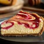 Cheesecake marbré framboise et vanille avec base biscuitée dorée, surface marbrée rose et crème, saupoudré de cacao.