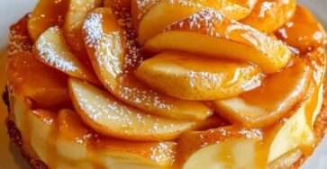 Cheesecake aux pommes caramélisées avec base biscuitée dorée, pommes fondantes nappées de caramel et légère touche de sucre glace.