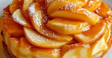 Cheesecake aux pommes caramélisées avec base biscuitée dorée, pommes fondantes nappées de caramel et légère touche de sucre glace.