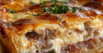 Tarte feuilletée au thon et fromage dorée au four, garniture crémeuse au thon émietté, oignons fondants et fromage gratiné.