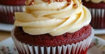 Cupcakes Red Velvet rouges et moelleux, surmontés d’un glaçage cream cheese onctueux et décorés de miettes de gâteau.