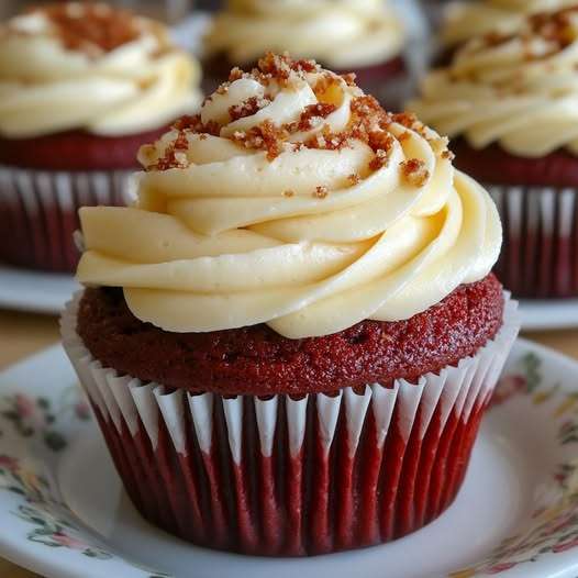 Cupcakes Red Velvet rouges et moelleux, surmontés d’un glaçage cream cheese onctueux et décorés de miettes de gâteau.
