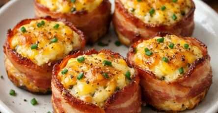 Muffins salés aux œufs et fromage cuits dans une coque de bacon croustillant, garnis de ciboulette fraîche et fromage fondant.