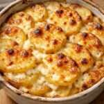 Gratin fondant de pommes de terre au fromage doré au four, couches fines de pommes de terre nappées de crème et fromage gratiné.