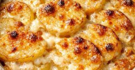 Gratin fondant de pommes de terre au fromage doré au four, couches fines de pommes de terre nappées de crème et fromage gratiné.