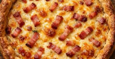 Quiche aux lardons dorée au four, pâte brisée croustillante garnie de lardons fumés, crème, œufs et fromage fondant.