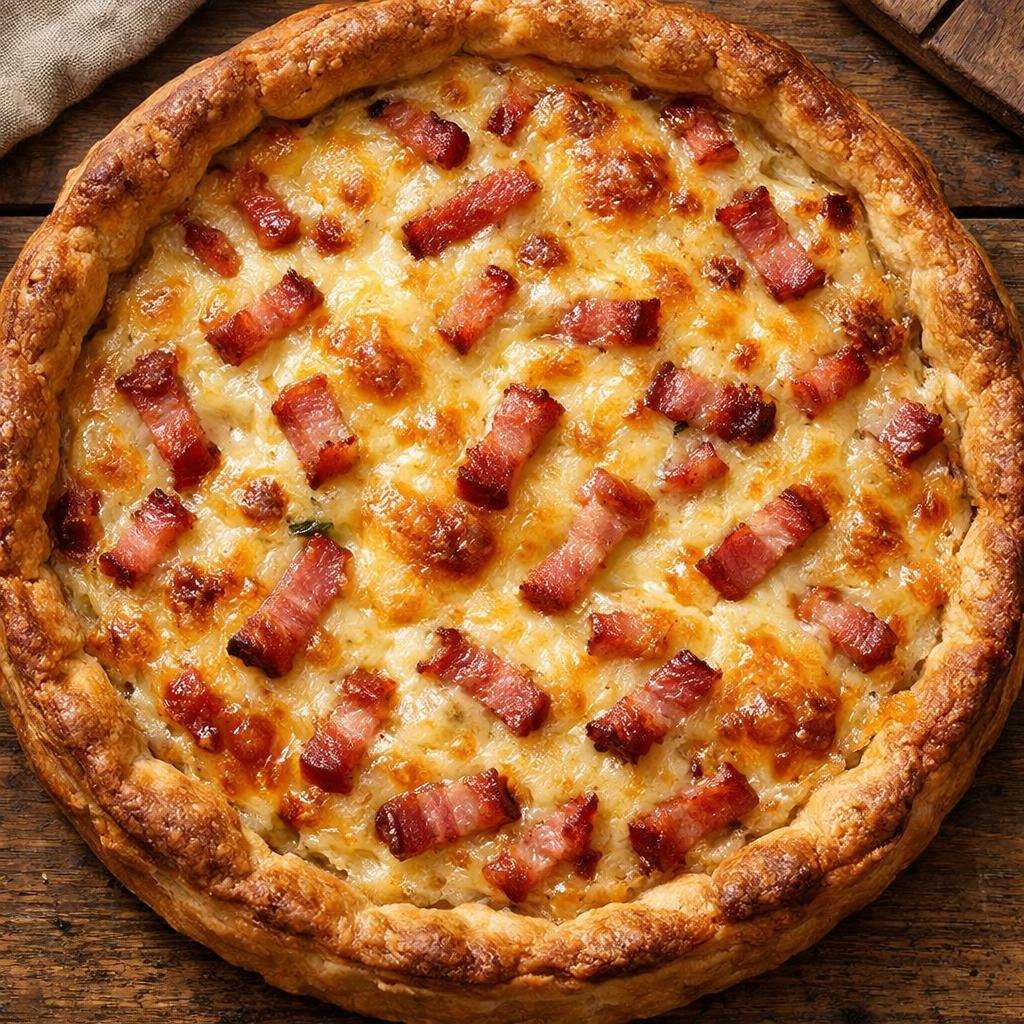 Quiche aux lardons dorée au four, pâte brisée croustillante garnie de lardons fumés, crème, œufs et fromage fondant.