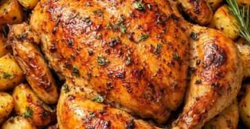 Poulet rôti entier au four à la peau croustillante, entouré de pommes de terre fondantes dorées au jus de cuisson et herbes fraîches.
