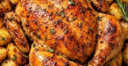 Poulet rôti entier au four à la peau croustillante, entouré de pommes de terre fondantes dorées au jus de cuisson et herbes fraîches.