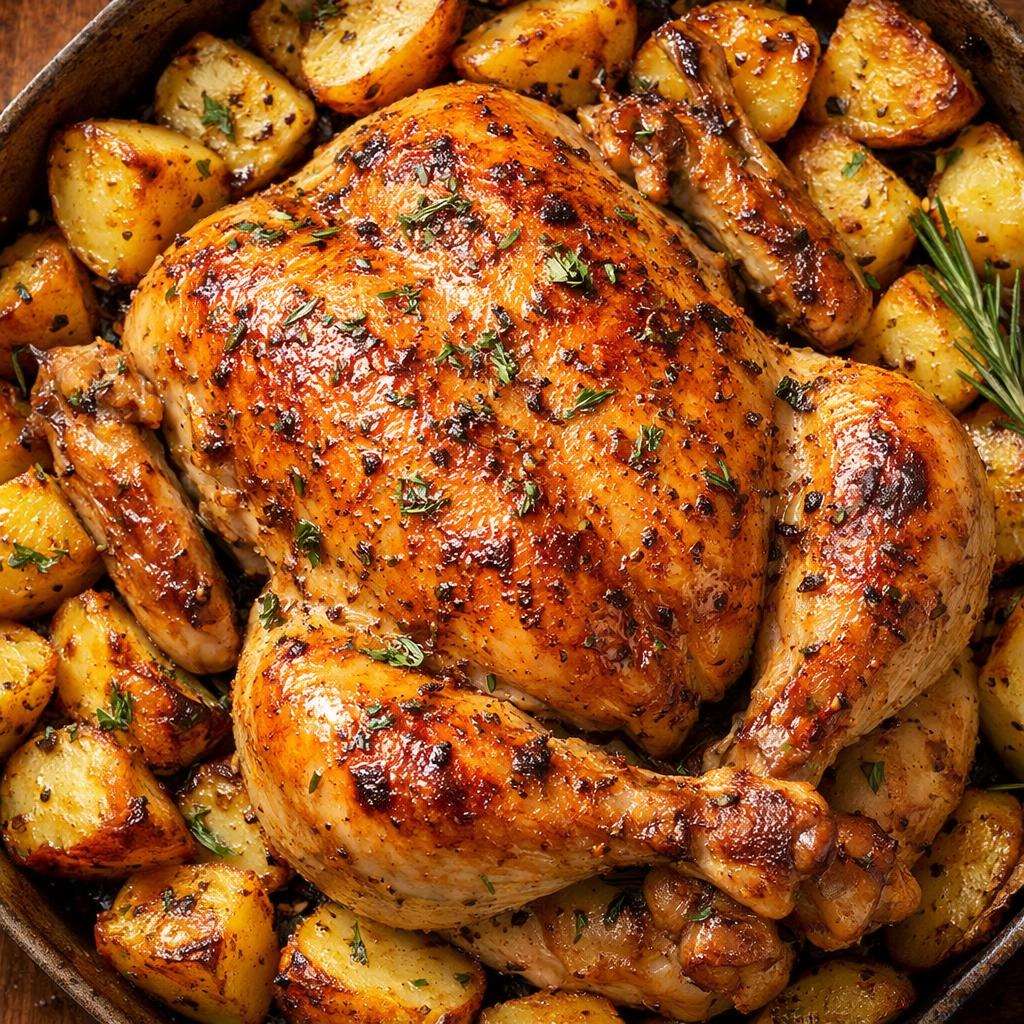 Poulet rôti entier au four à la peau croustillante, entouré de pommes de terre fondantes dorées au jus de cuisson et herbes fraîches.