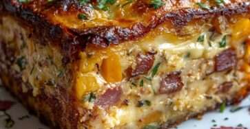 Gratin de légumes mélangés et jambon, gratiné au fromage, doré au four dans un plat familial.