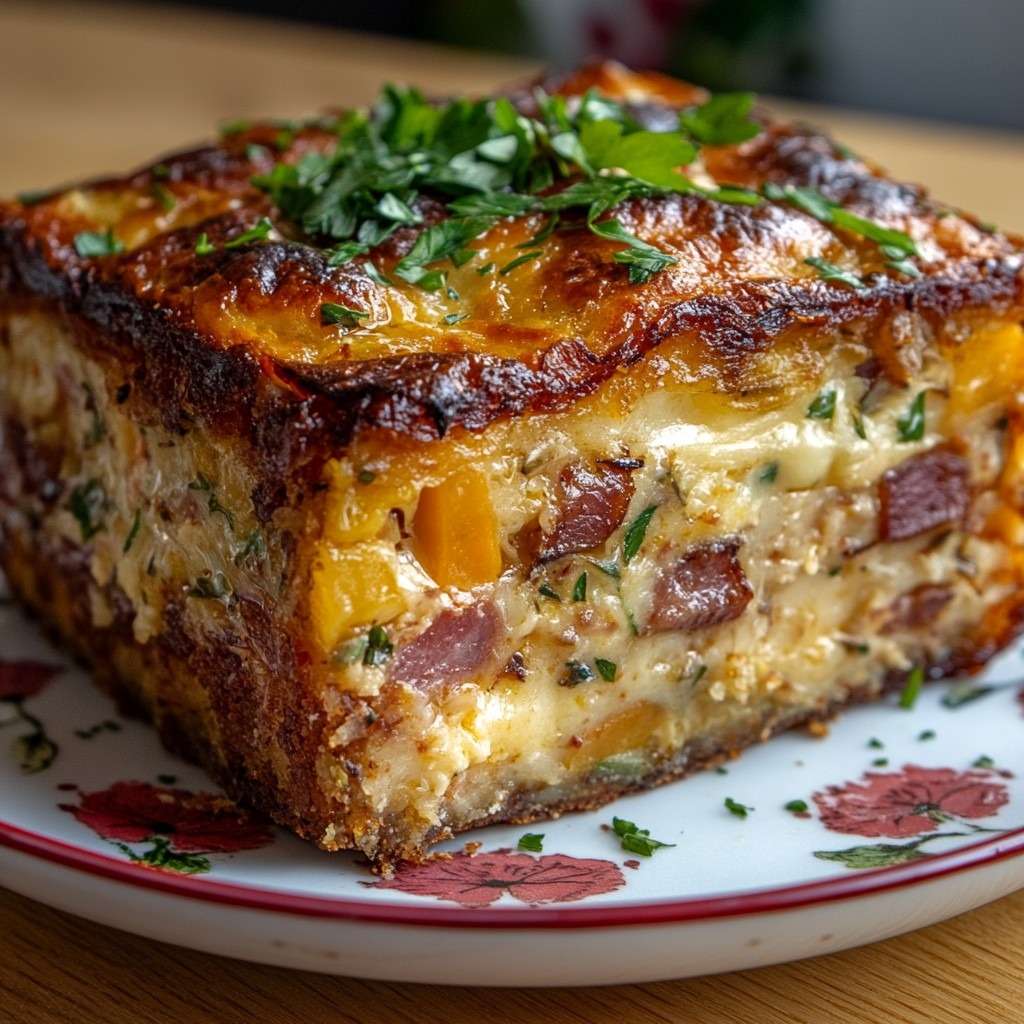 Gratin de légumes mélangés et jambon, gratiné au fromage, doré au four dans un plat familial.