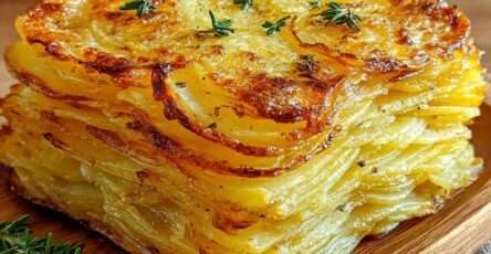 Millefeuille de pommes de terre croustillant au beurre noisette, découpé en parts nettes, aux couches fines et dorées, parfumé au thym.
