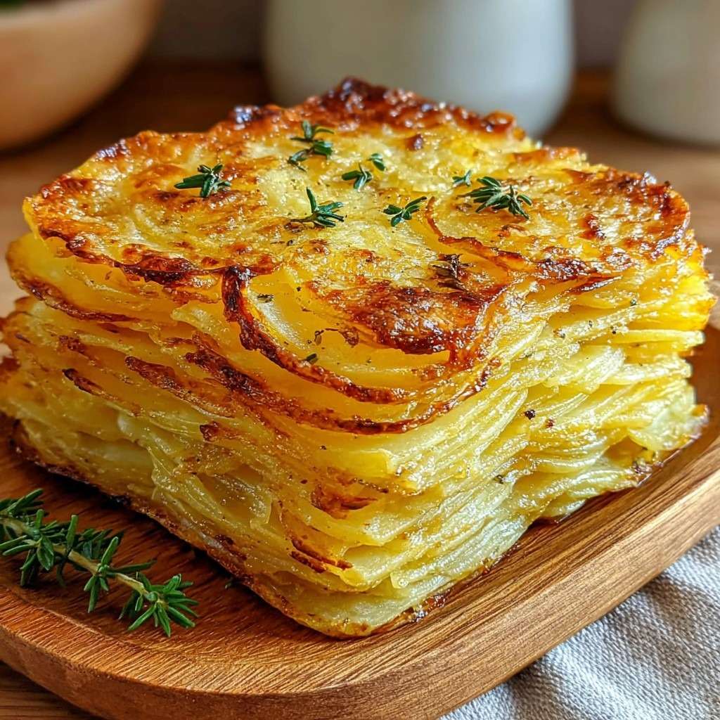 Millefeuille de pommes de terre croustillant au beurre noisette, découpé en parts nettes, aux couches fines et dorées, parfumé au thym.