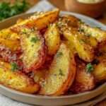 Pommes de terre rôties au four croustillantes au paprika fumé, ail confit fondant, persil frais et dorure intense sur plaque de cuisson.