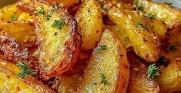 Pommes de terre rôties au four croustillantes au paprika fumé, ail confit fondant, persil frais et dorure intense sur plaque de cuisson.