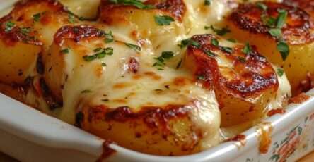 Gratin fondant de pommes de terre au fromage gratiné au four, pommes de terre dorées nappées de crème et fromage fondu.