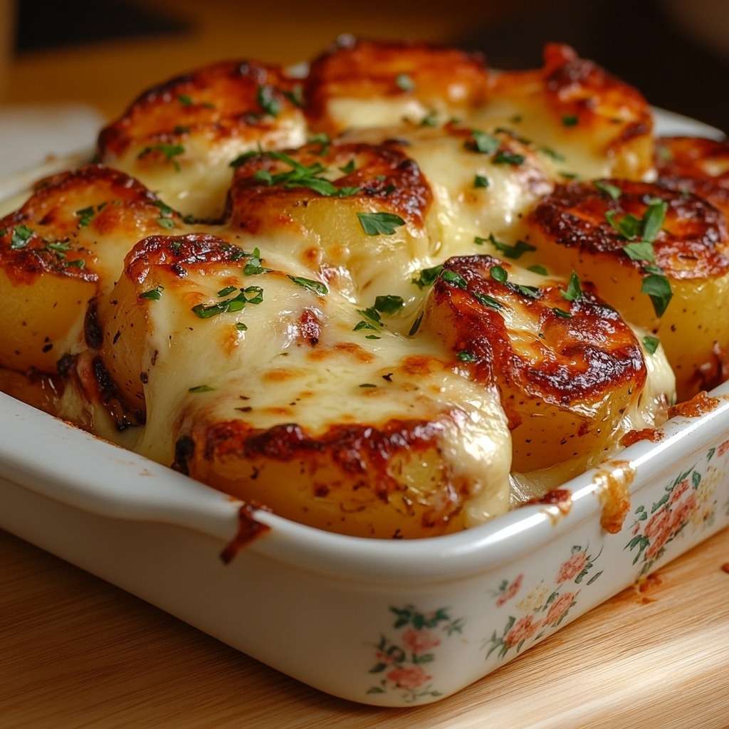 Gratin fondant de pommes de terre au fromage gratiné au four, pommes de terre dorées nappées de crème et fromage fondu.