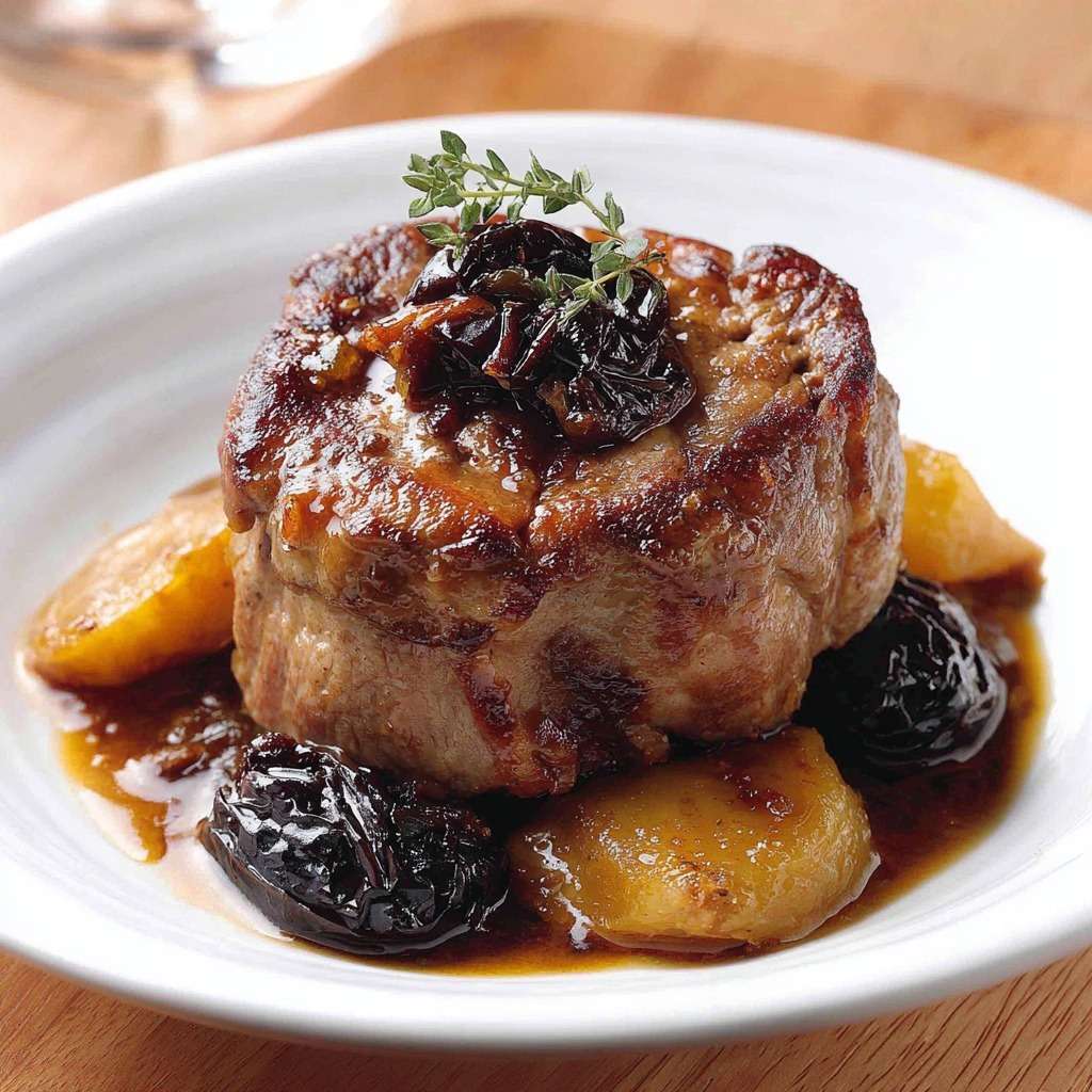 Paupiettes de veau farcies aux pruneaux nappées de sauce brune brillante, servies bien chaudes avec accompagnement rustique.